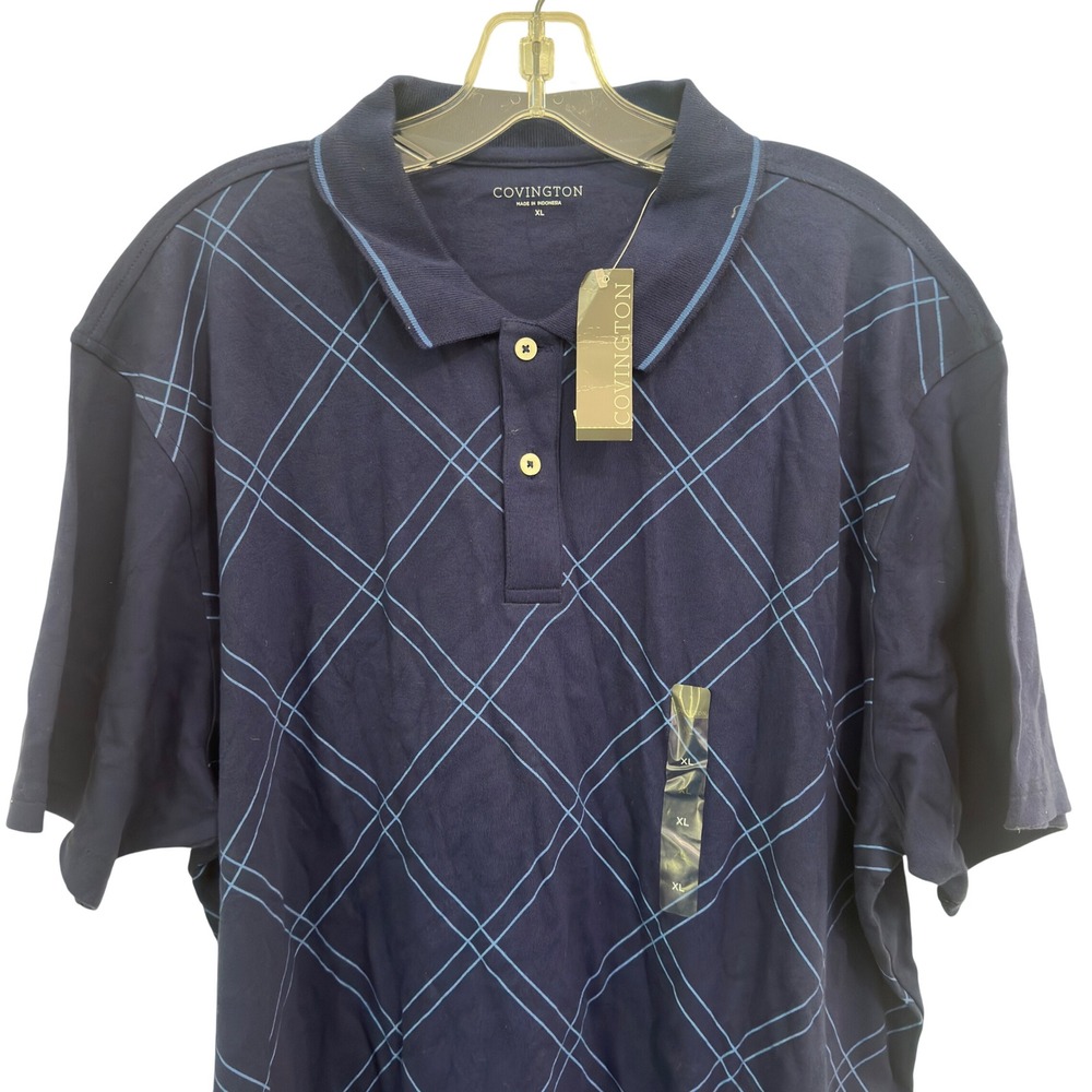 Covington Polo Shirt Mens XL Navy Blue Cotton Geometric Windowpane NWT